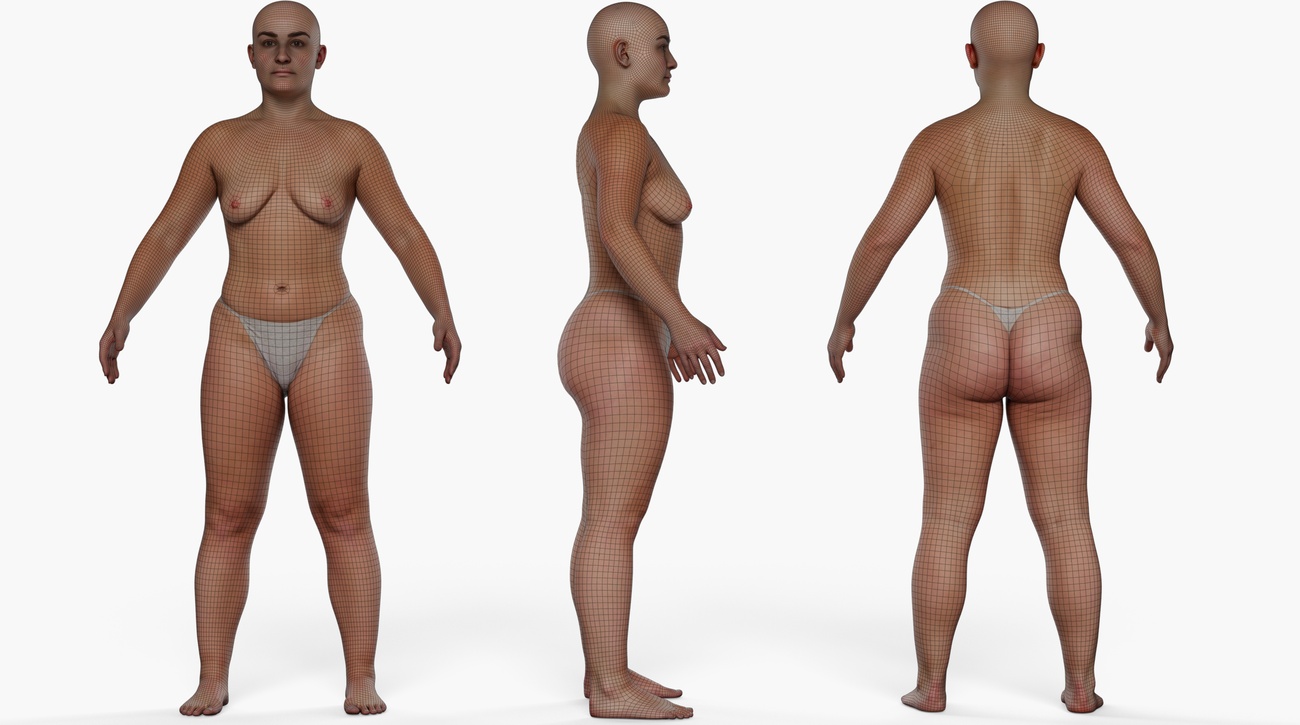 Wireframe topology overlay on a full body female 3D scan showing clean quad edge loops across the entire mesh